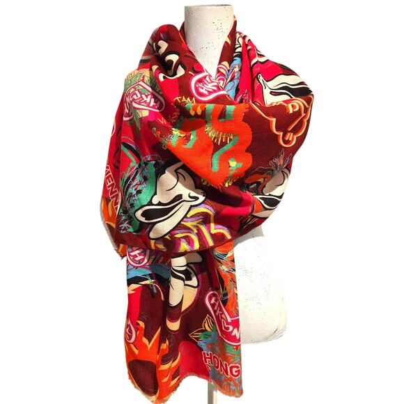 Vivienne Tam Hong Kong Dragon Year of Rabbit Graphic Pop Art Woven Wool Scarf - Picture 1 of 9